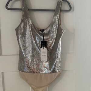 Express Silver and Tan Sequin Bodysuit